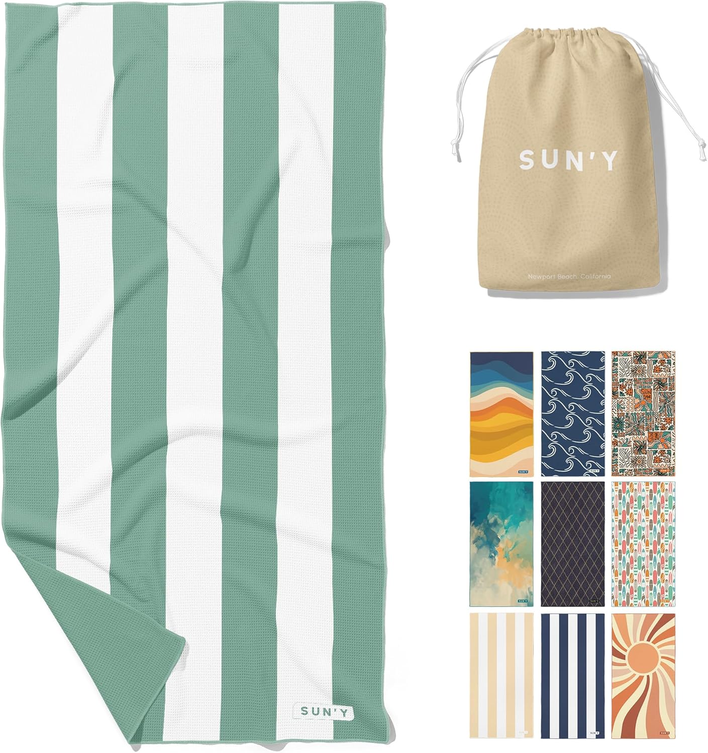 SUN'Y Waffle Microfiber Beach Towel – Sand Free, Quick Dry, Ultra Absorbent, Lightweight & Compact Travel Towel with Carry Bag - Large (63” x 31.5”), Sea Green