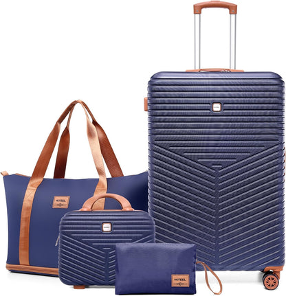 Hoteel 4 Piece Luggage Set (4-YEAR WARRANTY) Carry on ABS+PC Hard Shell Suitcase with Spinner Wheels & TSA Lock (Dark Blue)