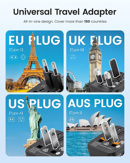 LENCENT Universal Travel Plug Adapter,International Power Adaptor with Dual AC Outlet, Worldwide Wall Charger for US to Europe UK Iceland Spain Italy France Australia(Type C/G/A/I),Black