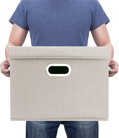 TYEERS Large Storage Bins with Lids, Collapsible, Washable, Fabric Storage Boxes for Organizing, 17.3x11.8x11.4 inches, 5 Pack, Beige