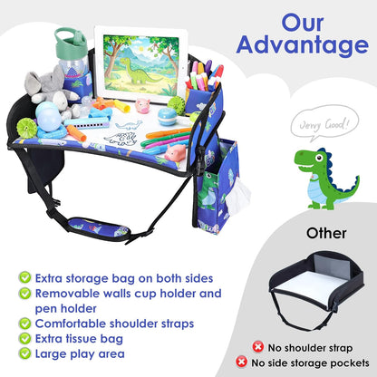 Kids Travel Tray for Airplane - Toddler Car Seat Table Tray, Road Trip Essentials for Boys & Girls, Carseat Lap Desk for Kids Road Trip Activities,Blue Dinosaur