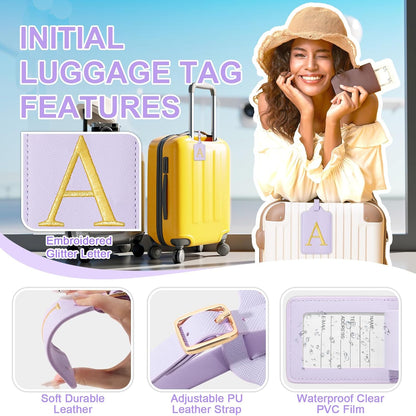 Personalized Initial Luggage Tags for Suitcase, Purple Leather Cute Luggage Tags with Privacy Cover Name Card, Embroidered Custom Monogrammed Luggage Tag Travel Backpack Tags Gifts for Women Kids(A)