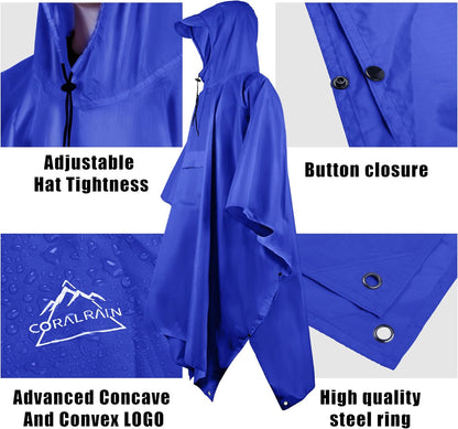 Coralrain Hooded Rain Poncho Lightweight Waterproof Unisex Raincoat Jacket with Pocket for Men Women Adult
