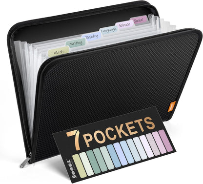 Sooez 7 Pockets Accordion File Organizer, Zipper Expanding File Folder, Heavy Duty Folder Organizer, Sleek Letter Size Accordion Folder, Portable Expandable File Folder for Documents, Black
