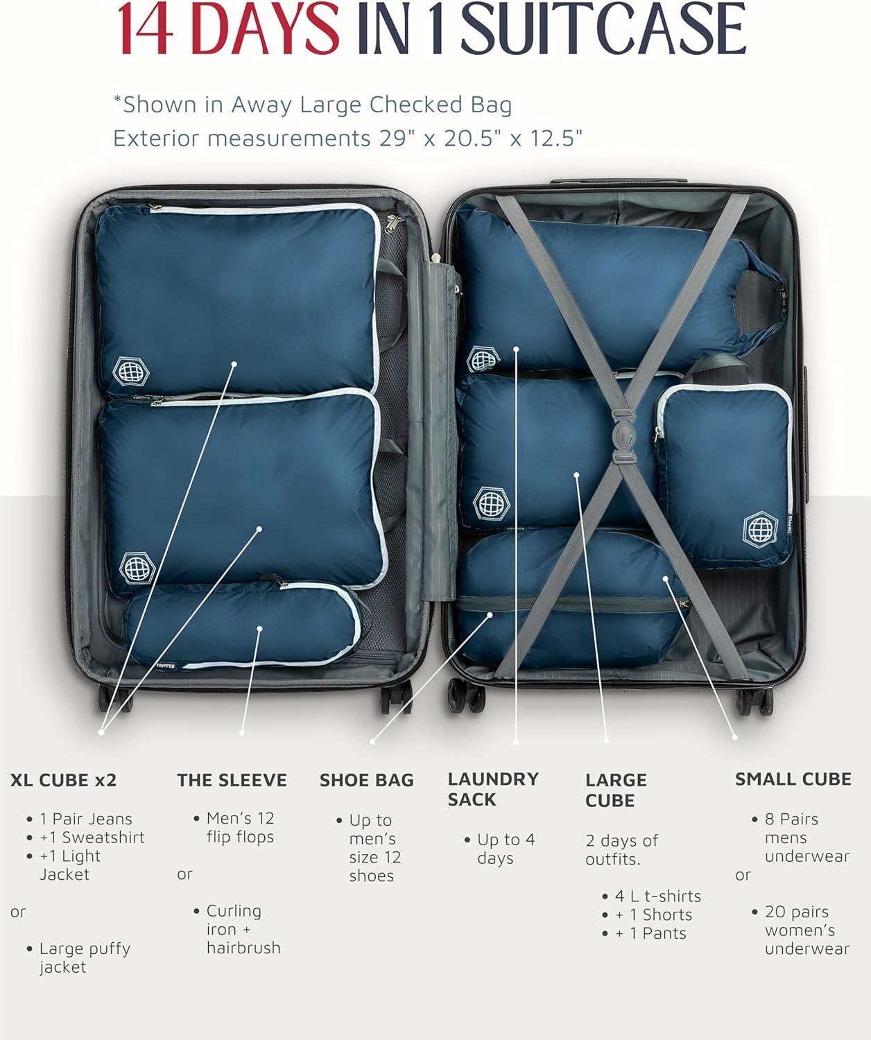 Large Compression Packing Cubes for Travel-Packing Cube Luggage Organizers 7 Piece Set for Checked Luggage-Ultralight, Expandable/Compression Bags by TRIPPED Travel Gear (Navy/White)
