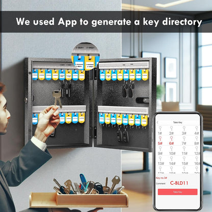 WeHere 32 Key Lock Box with Dual Lock, Combination & Key Unlock, Key Cabinet Wall Mount with Key Tag Label, Key Holder Storage Lockbox for Store, Office, Company, House, App Key Directory ERP