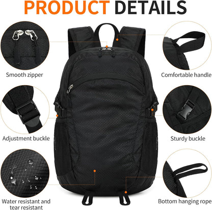 Small Hiking Daypack,15L Water-Resistant Hiking Backpack Packable Lightweight Travel Day Pack for Women Men (Black, Small)