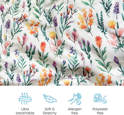 Quiggly Bassinet Sheets for Guava Lotus, 2 Pack Organic Cotton Jersey Knit, Vibrant Floral Patterns - Fits Travel Crib Mattresses for Boys & Girls (Bassinet, Wildflower Dreamin')