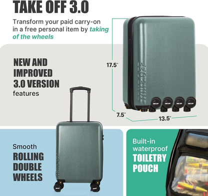 Take OFF Luggage Personal Item 3.0 – 18x14x8 Underseat Carry On with Removable Wheels – TSA Lock, Hardshell Suitcase – Fits Tight Airline Size Rules – No-Fee Lightweight Travel Bag