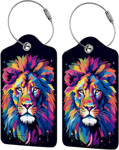 Rainbow Lion Head 2 Pack Luggage Tag for Suitcase, Leather Bag Tags Identifiers Privacy Cover ID Label with Steel Loop for Women Men Kids Girls Travel