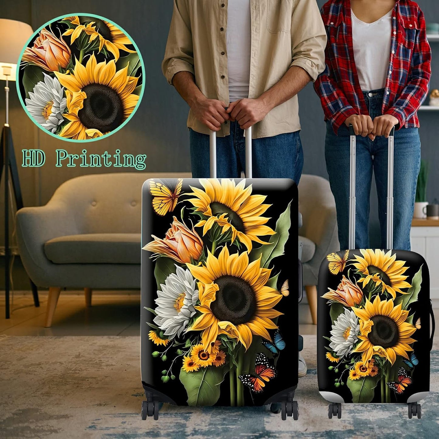 Suitcase Protector Plus 1 Luggage Tag, Sunflower Orchids Travel Suitcase Cover for 18-20 inch Luggage (S) with Concealed Zipper, Washable Elastic Cloth, Dustproof, Anti-Scratch