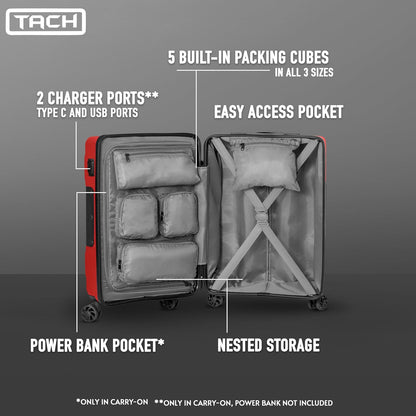 Tach V3.1 Hard Shell 2 Piece Luggage Set - 20 & 28 inch Luggage | Carry On & Large Checked Suitcases | Patented Built-In Connecting System | Rolling Suitcase Links 9 Bags (Wine Red)