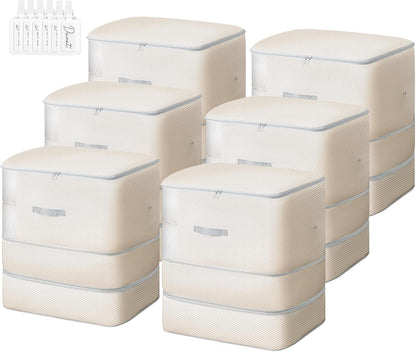 Comforter Storage Bag - 130L Large Capacity Blanket Storage Bags 3-Layer Ultra Space Saving Self Compression Organizer, Washable Compression Bags for Storage Comforter Blanket, 6-Pack, Beige