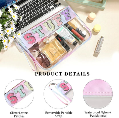 DYSHAYEN Chenille Letter Clear Zipper Pouch for Travel,Nylon Clear Cosmetic Bag,Makeup Travel Bag for Women Girls 11.8 Inches x 8.2 Inches