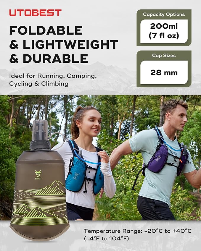 UTOBEST 200ml Soft Flask, 2 Pack Flexible TPU Hydration Water Bottle, Collapsible with 28mm Caliber for Running, Hiking, Cycling, Climbing, and Marathon Green