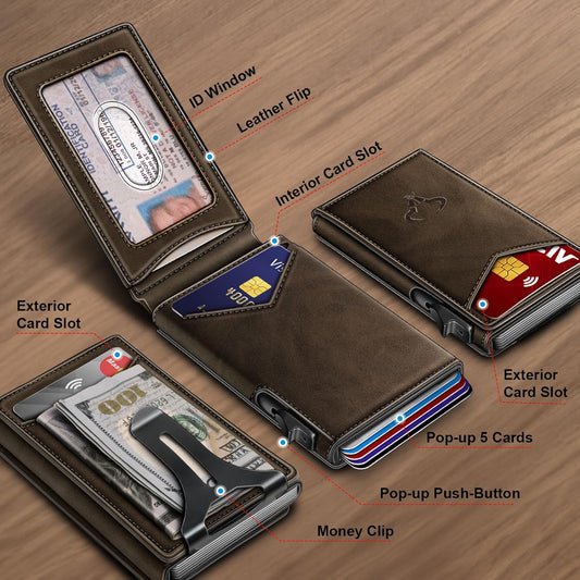 BULLIANT Men Wallet,Money Clip Wallet Slim For Gift Men 9Cards-Metal Credit Card Case in Magnetic Leather Flip
