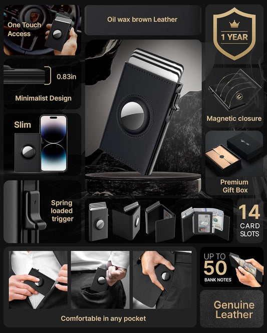 typecase Mens Wallet Card Holder for AirTag: Leather Smart Wallet for Men Compatible with Apple Air Tag, RFID Blocking, Slim, Minimalist - 9-14 Card Capacity | ID Window | Cash Slot (Deep Black)
