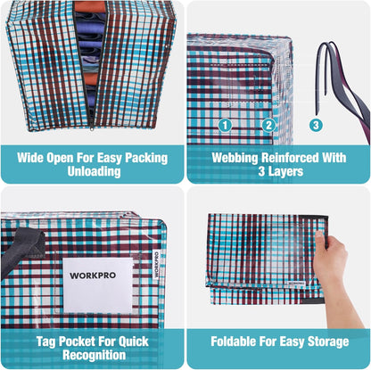 WORKPRO 6 Pack Extra Large Moving Bags with Zippers & Carrying Handles Backpack Straps, Heavy-Duty Storage Tote for Space Saving & Storage, Alternative to Moving Box (Lattice Printing)