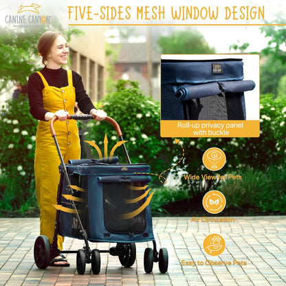 Upgraded 4 Wheels Pet Stroller for Small/Medium Dogs- One Button Fold, Adjustable Mesh Windows and Shades, 360° Swivel Front Wheels and Rear Wheel Brake