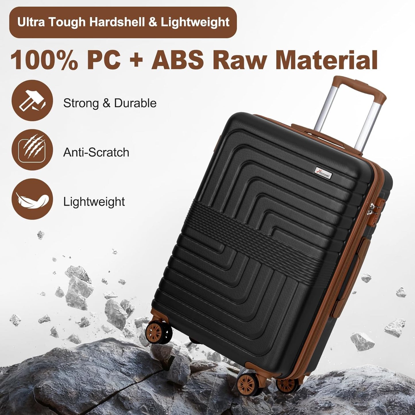Romswi Expandable 28" Checked Luggage,Large Hardshell Suitcase with Double Spinner Wheels for 20% More Space, Airline Approved Lightweight Hardside Luggage, Scratch-Resistant & YKK Zipper,Black