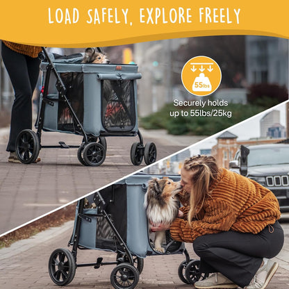 Scout Pet Stroller, 4-Wheel Design for Small/Medium Dogs - One-Button Fold, Adjustable Mesh Windows & Shades, 360° Swivel Front Wheels, Rear Wheel Brake for Safety