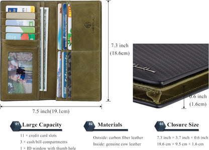 VISOUL Mens Checkbook Leather Wallets Long Bifold Wallets for Men Suit Wallet with 3 Cash Compartments 12 Credit Card Slots (Black+Olive Green)