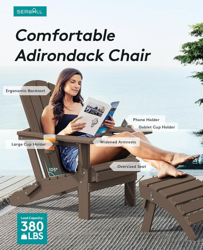 SERWALL Adirondack Chair with Cup Holders - Composite Adirondack Chairs Set of 4 HDPE Outdoor Chairs All Weather Use- Coffee