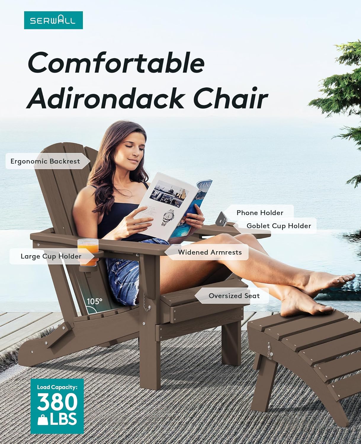 SERWALL Adirondack Chair with Cup Holders - Composite Adirondack Chairs Set of 2 HDPE Outdoor Chairs All Weather Use- Coffee