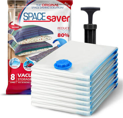 8 Pack Jumbo Vacuum Storage Bags for Comforters, Blankets & Clothes – Jumbo Vacuum Sealed Compression Bags with Hand Pump – Space Saver Storage Bags for Bedding, Moving, Travel & Organization