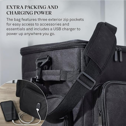Wine Enthusiast 6 Bottle Insulated Wine Bag with Rolling Cart - Waterproof Oxford Cloth Wine Travel Tote with Shoulder Strap, USB Port, Pockets - Folding Trolley for Wine Transport - Fridge Bag