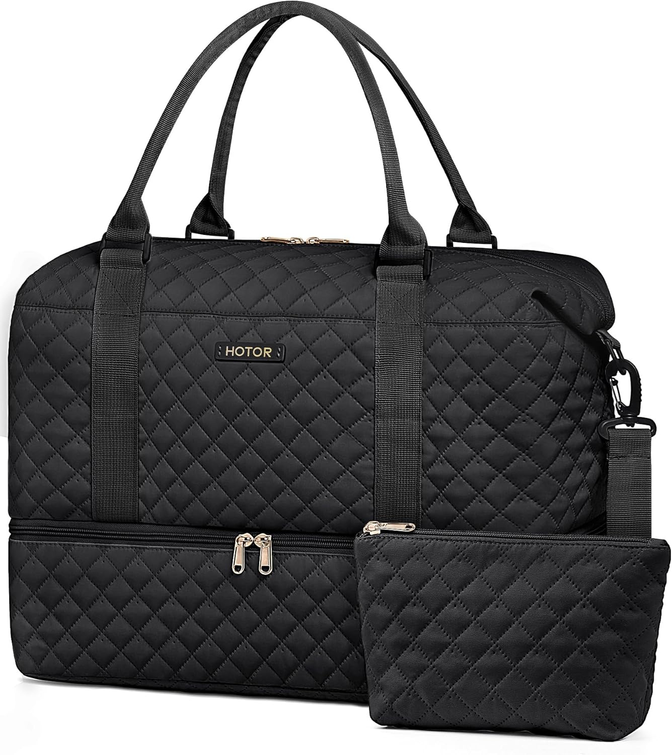 HOTOR Travel Duffel Bag - Weekender Bags for Women, Carry On Overnight Bag with Shoe Compartment, with Toiletry Bag for Travel Essentials and Travel Accessories, Black, 13.4"×17.3"×7.9"