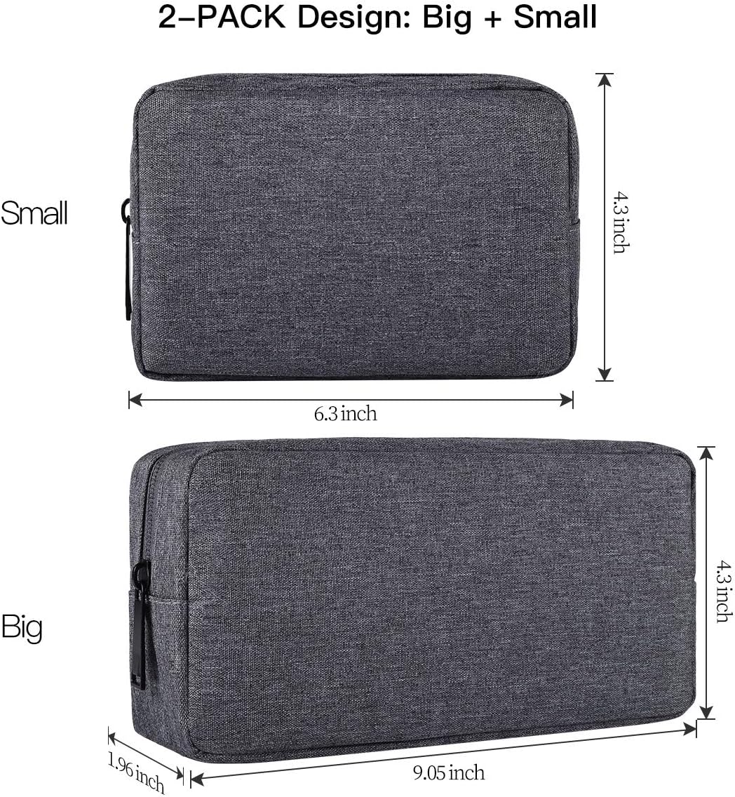 Universal Electronics Accessories Carrying Case, 2PCS Big + Small Portable Storage Pouch, Cosmetic Bag, Cable Organizer Compatible Hard Drive, Mouse, Power Bank, Adapter, Cellphone, Space Gray