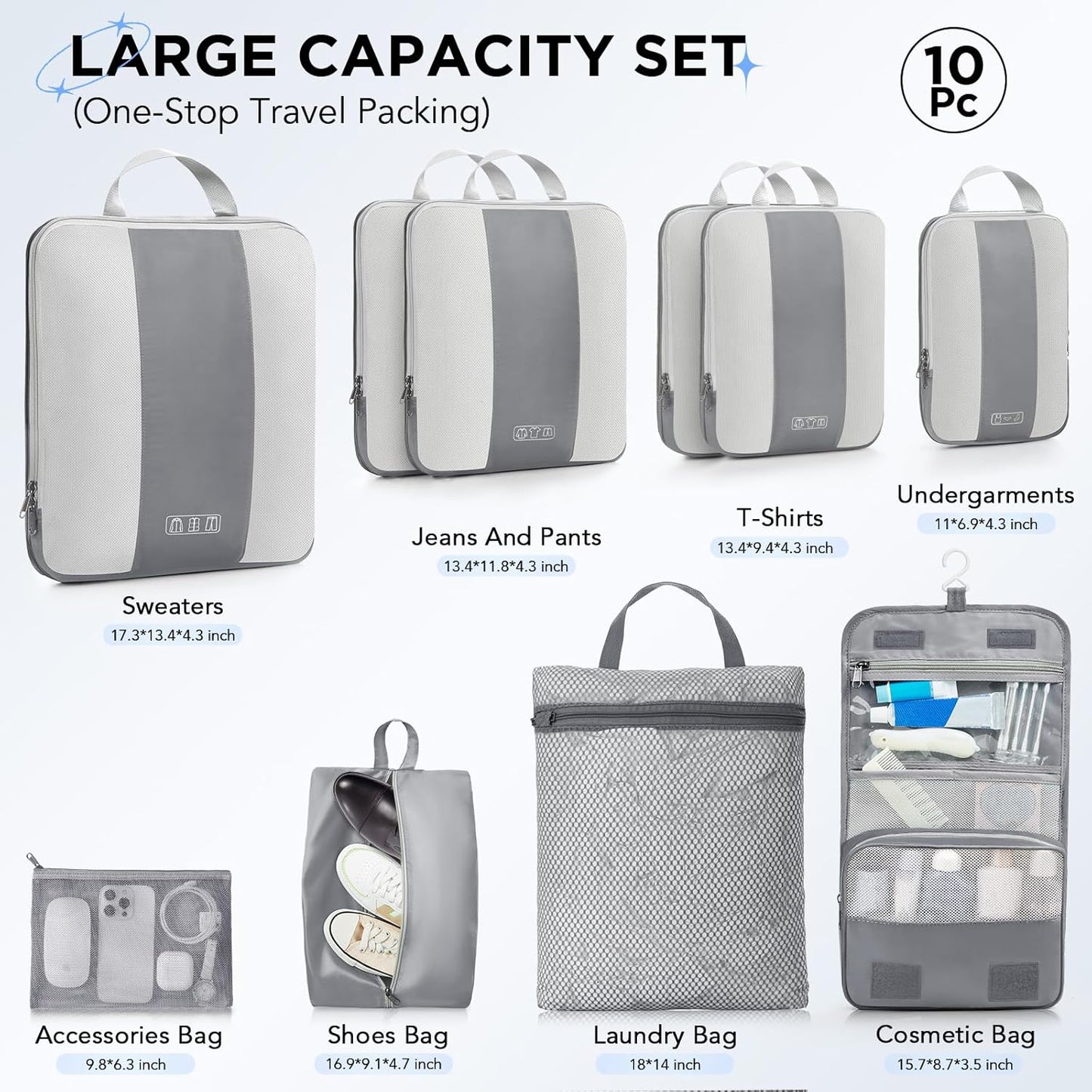 10 Set Compression Packing Cubes for Travel Essentials,Compressible Expandable Packing Cubes for Suitcase,OlarHike Luggage Organizer Bags for Travel,Handy Helper for Organizing Clothes(Gray)