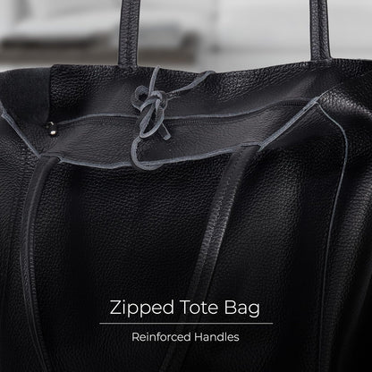 Italian Calf Leather Tote for Women with Zipper, Inner Pocket & Flat Base | Soft Unlined Shopper for Work & Travel