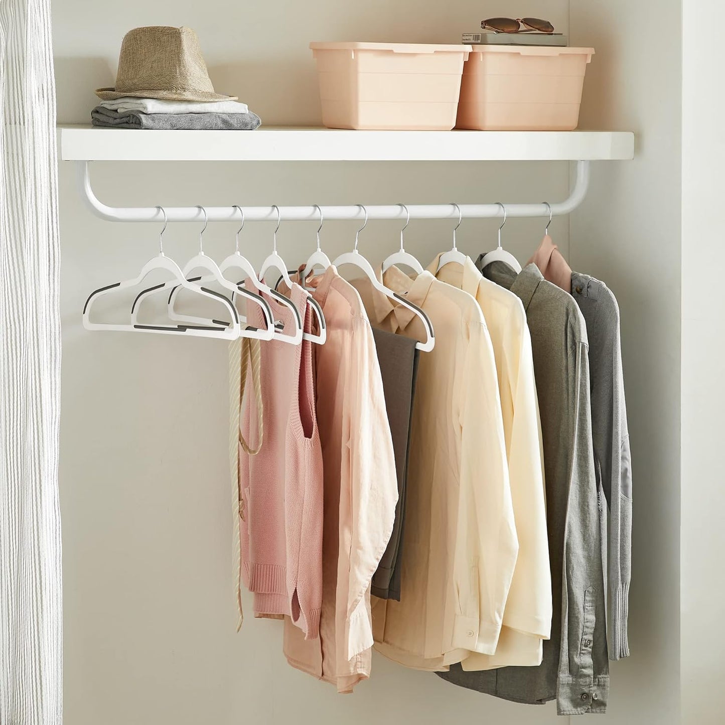 SONGMICS Clothes Hangers, Pack of 50 Plastic Coat Hangers, Space-Saving, 0.2 Inches Thick, 17.7 Inches Wide, 360° Swivel Hook, Cloud White and Dark Gray UCRP050W50