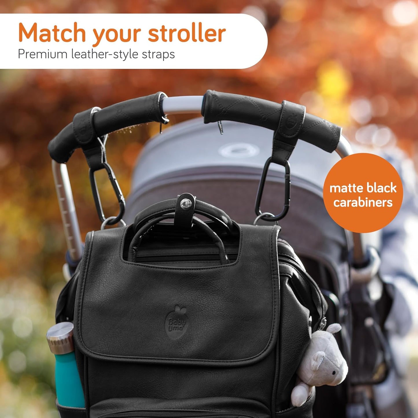 Baby Uma Stroller Hooks for Bags (2 Pack) - Faux-Leather Stroller Clips and Hooks, Universal, 11 lb Weight Capacity per Carabiner, Adjustable & Non-Slip, Baby Travel Essential (Black)