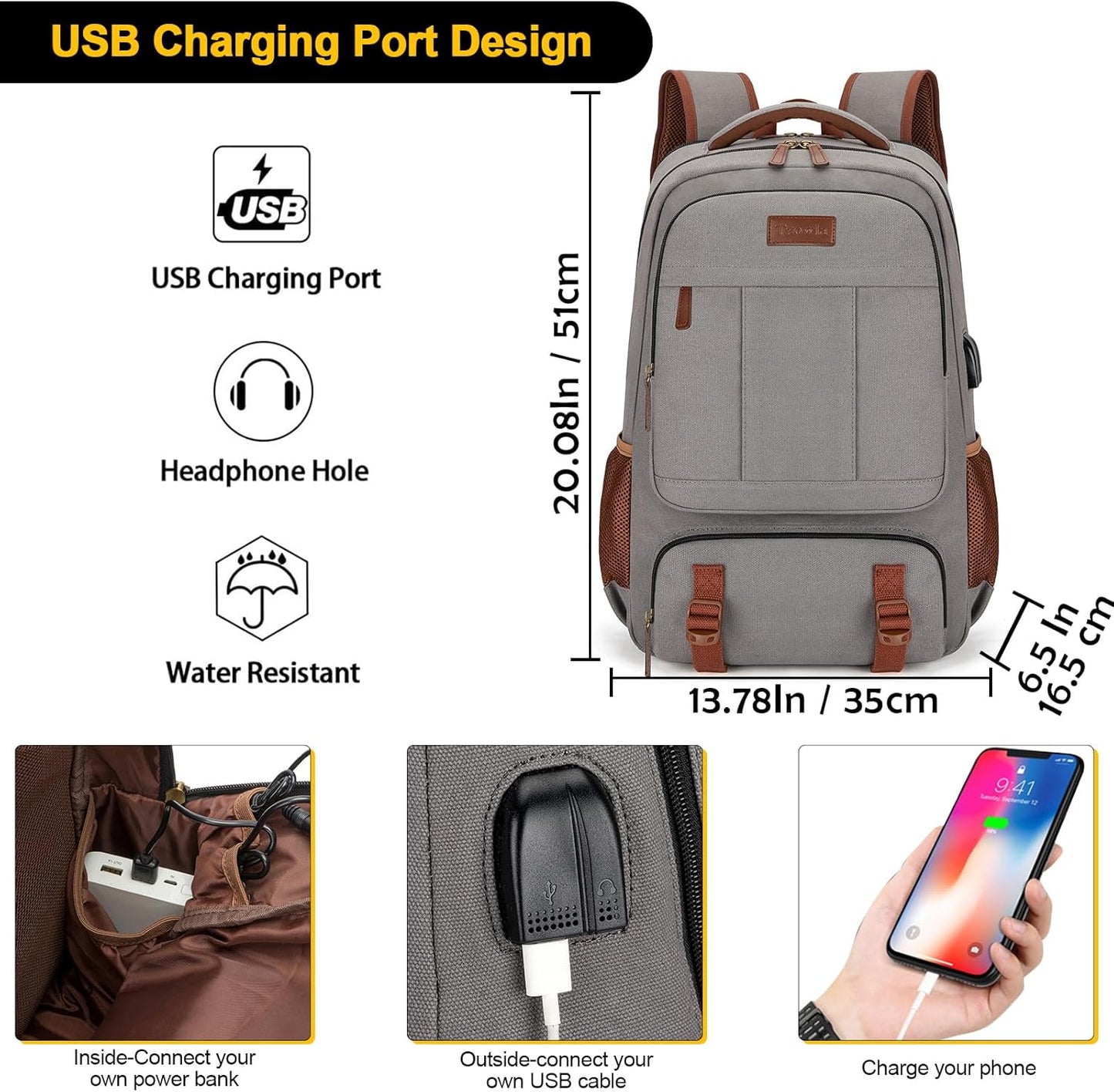 Tzowla Canvas Laptop Backpack, Bag for Men Women,Travel Work Rucksack Fits 17.3 Inch Laptop, Bookbag with USB Charging Port