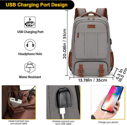 Tzowla Canvas Laptop Backpack, Bag for Men Women,Travel Work Rucksack Fits 17.3 Inch Laptop, Bookbag with USB Charging Port