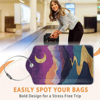 Colorful Abstract Mountain 3 Pack PU Leahter Luggage Tag with Stainless Steel Loop, Bold Golden Sun Crescent Moon Travel Suitcase Labels with Privacy Cover ID Label Quickly Spot for Bags