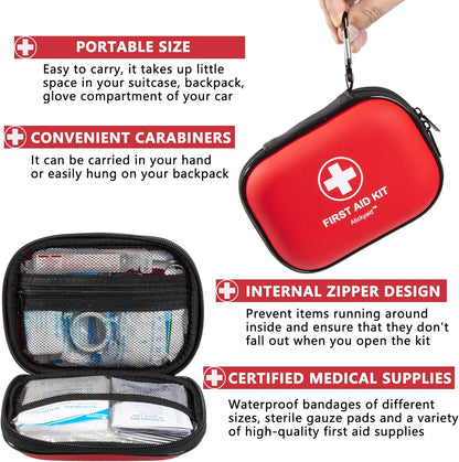 Mini First Aid Kit - 120 Piece Small Waterproof Hard Shell Medical Kit for Car, Home, Office, Travel, Camping, Sports, Outdoor, School - Emergency First Aid Supplies and Survival Kit (Red)