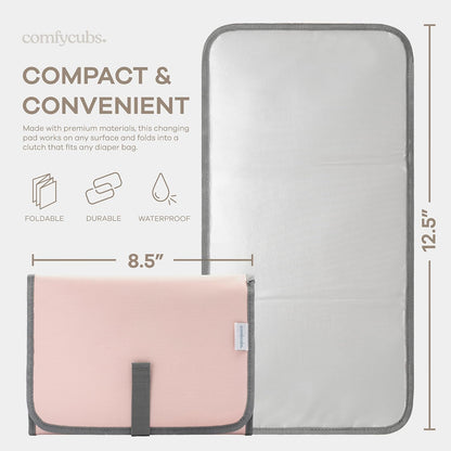 Comfy Cubs Baby Changing Pad Compact Size - Waterproof Diaper Changing Mat with Cushioned Pillow - Soft & Lightweight, Foldable Design for Travel - Stylish Design for Boys and Girls - Pink Blush