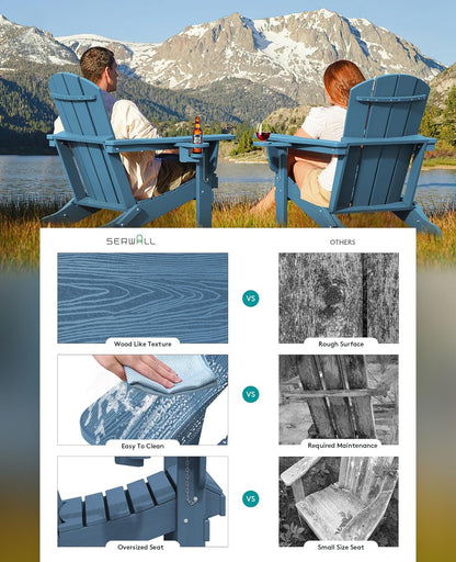 SERWALL Folding Adirondack Chair, HDPE Adirondack Chairs Set of 4, Plastic Outdoor Chairs- Looks Exactly Like Real Wood- Navy