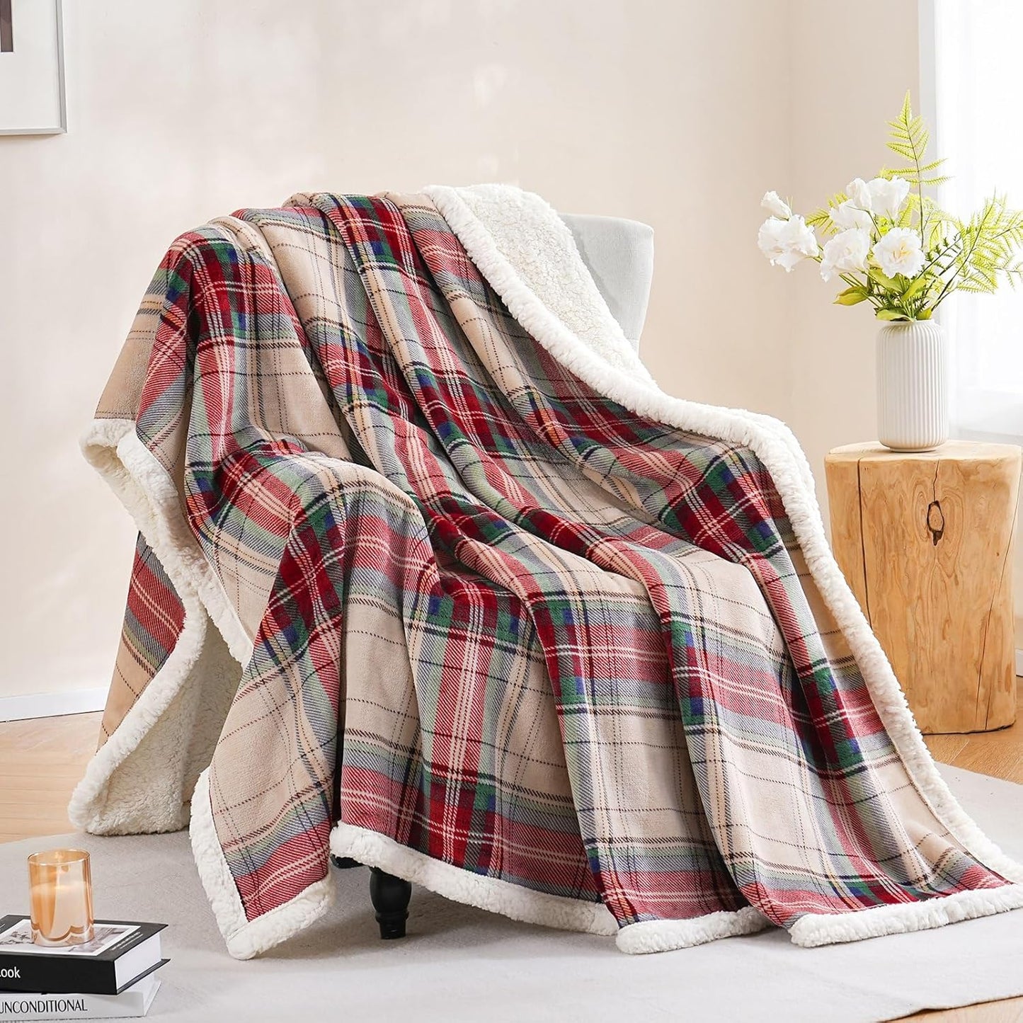 PU MEI Sherpa Fleece Throw Blanket 80" x 90" Reversible Plush Fluffy Large Big Blanket Lattice Flannel Blankets for All Season Use, Chrismas Red