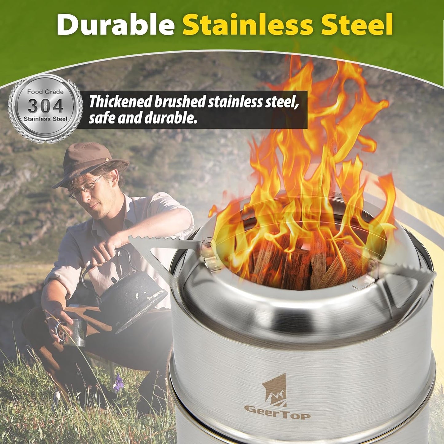 GEERTOP Portable Small Camping Stove with Fuel Canister Adapter Isobutane Ultralight Mini Stainless Steel Wood Burning Backpacking Stove Kit for Outdoor Hiking Emergency Cooking