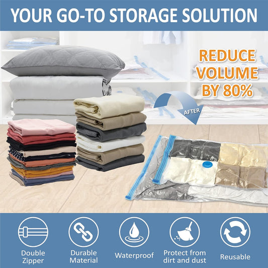 12 Pack Vacuum Storage Bags, Space Saver Vacuum Storage Bags, Vacuum Seal Bags for Clothing, Clothes, Comforters and Blankets, Hand Pump Included