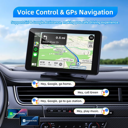 Wireless Apple Carplay and Android Auto Screen for Car, 7" HD Portable Touch Screen Car Stereo with Bluetooth, Backup Camera, Navigation, Mirror Link for All Vehicles