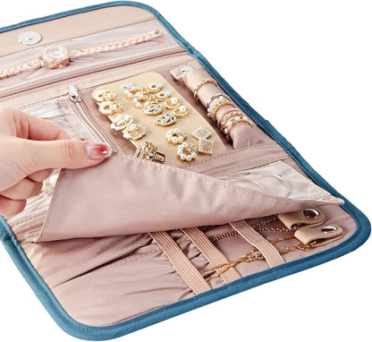 BELALIFE Travel Jewelry Case Organizer, Foldable Jewelry Storage Roll for Earrings, Necklaces, Rings, Bracelets, Brooches, Lake-Blue