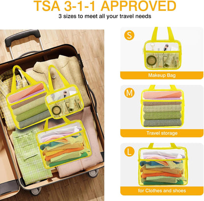 XEWEA Clear Travel Toiletry Bags, 3 Pack TSA Approved Transparent Makeup Bag for Men Women,Large Waterproof PVC Quart Organizer Kit with Zipper for Toiletries Airline Essential,Toy Pouch Yellow