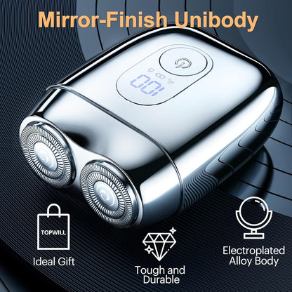 All-Metal Mini Electric Shaver for Men – Portable Travel Razor with Mirror Cap, Smooth & Close Shave, LED Display, USB-C Fast Charge, Wet/Dry Waterproof – RX40 Silver