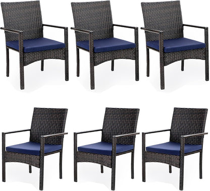PHI VILLA Outdoor Rattan Dining Chairs Set of 6, Modern Wicker Armchair with Cushions for Patio, Deck, Yard, Porch - Brown